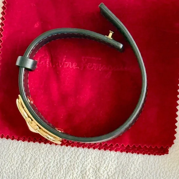 NWOT SALVATORE FERRAGAMO Unisex Black Leather Bracelet Gold Tone Monogram Italy NWOT SALVATORE FERRAGAMO Unisex Black Leather Bracelet Gold  main image 2
